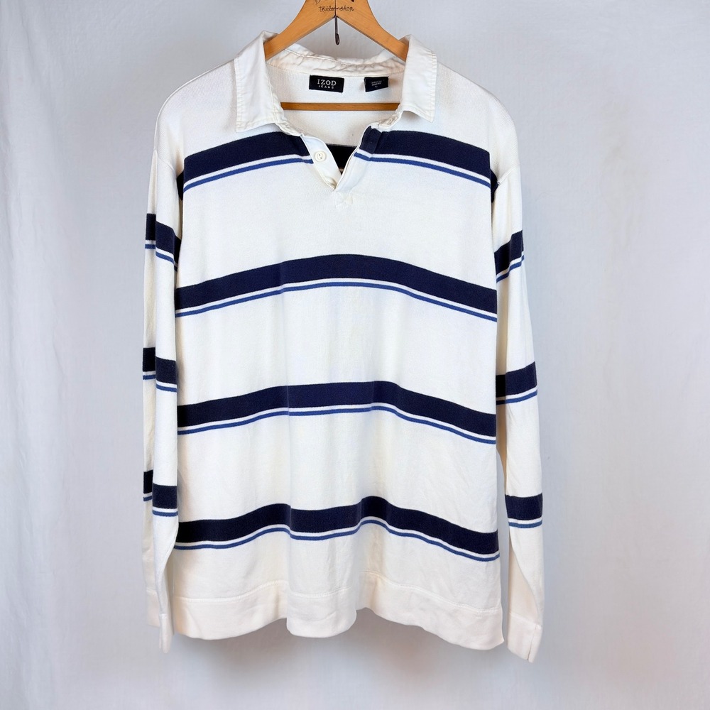 Izod Mens Long Sleeve Rugby Shirt White Navy Blue Striped Cotton L Collegiate